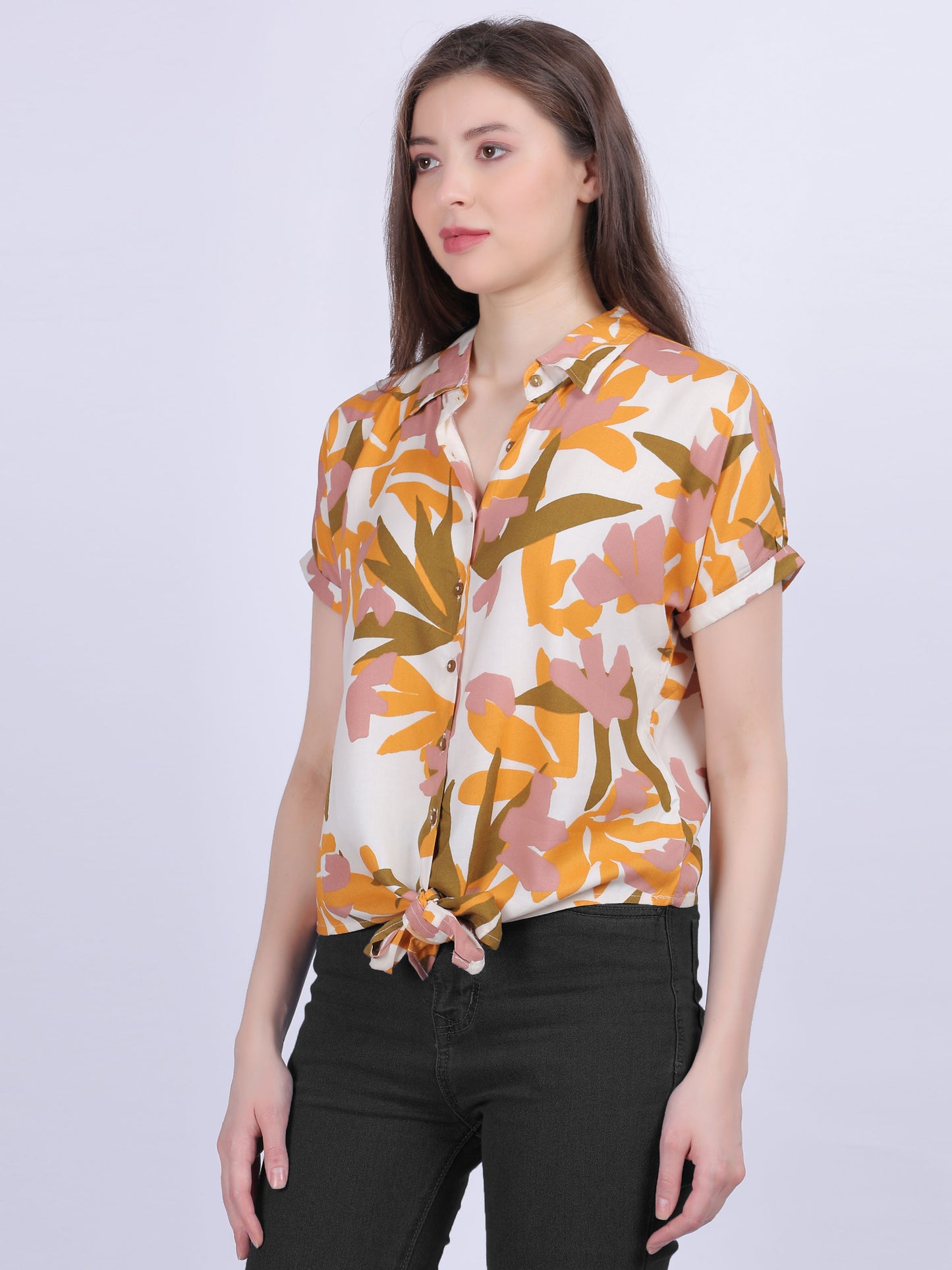Leaf Print Knot Style Crop Shirt