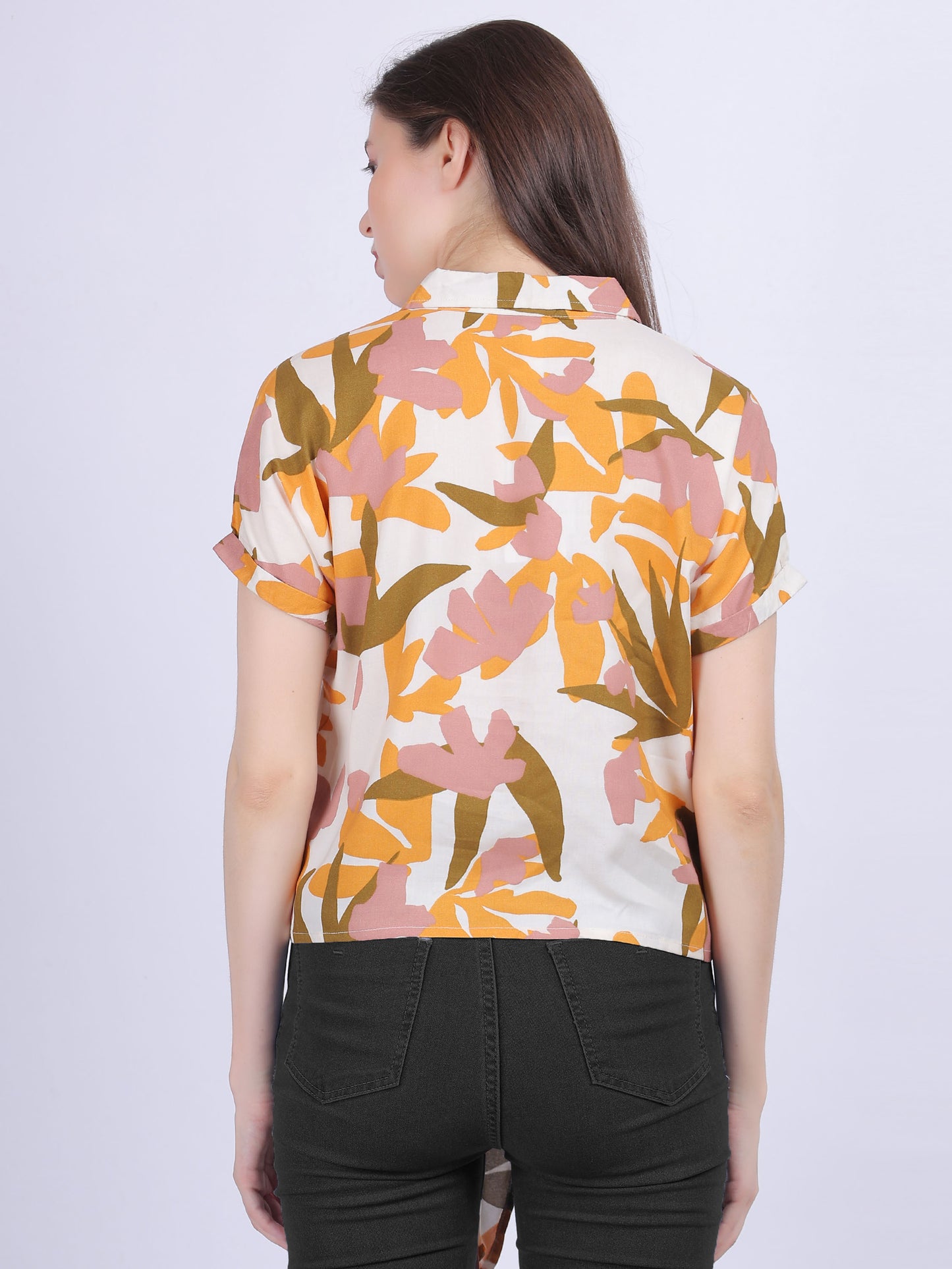 Leaf Print Knot Style Crop Shirt
