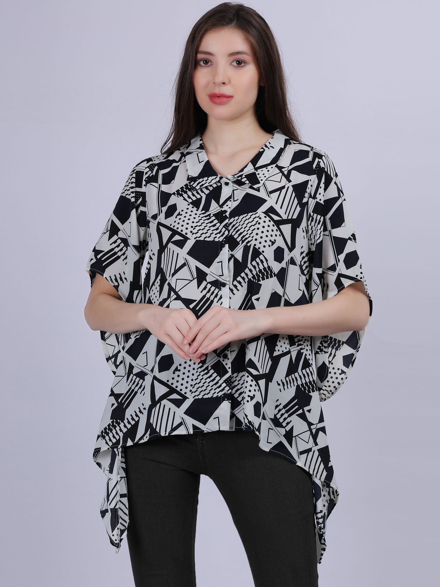 Blue Asymmetric Abstract Print Tunic Fashion Top