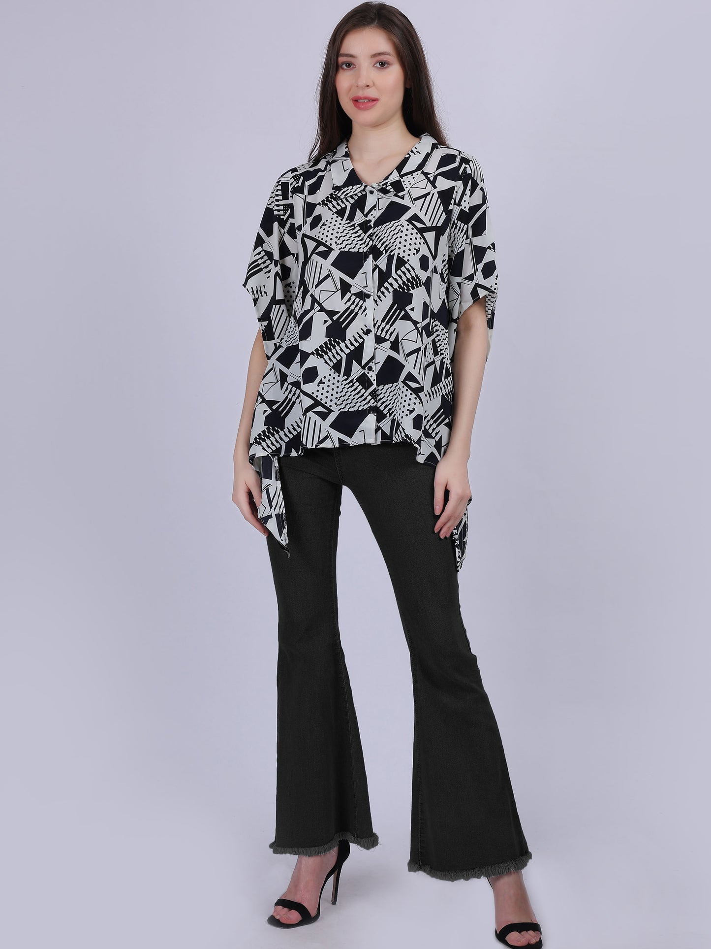 Blue Asymmetric Abstract Print Tunic Fashion Top