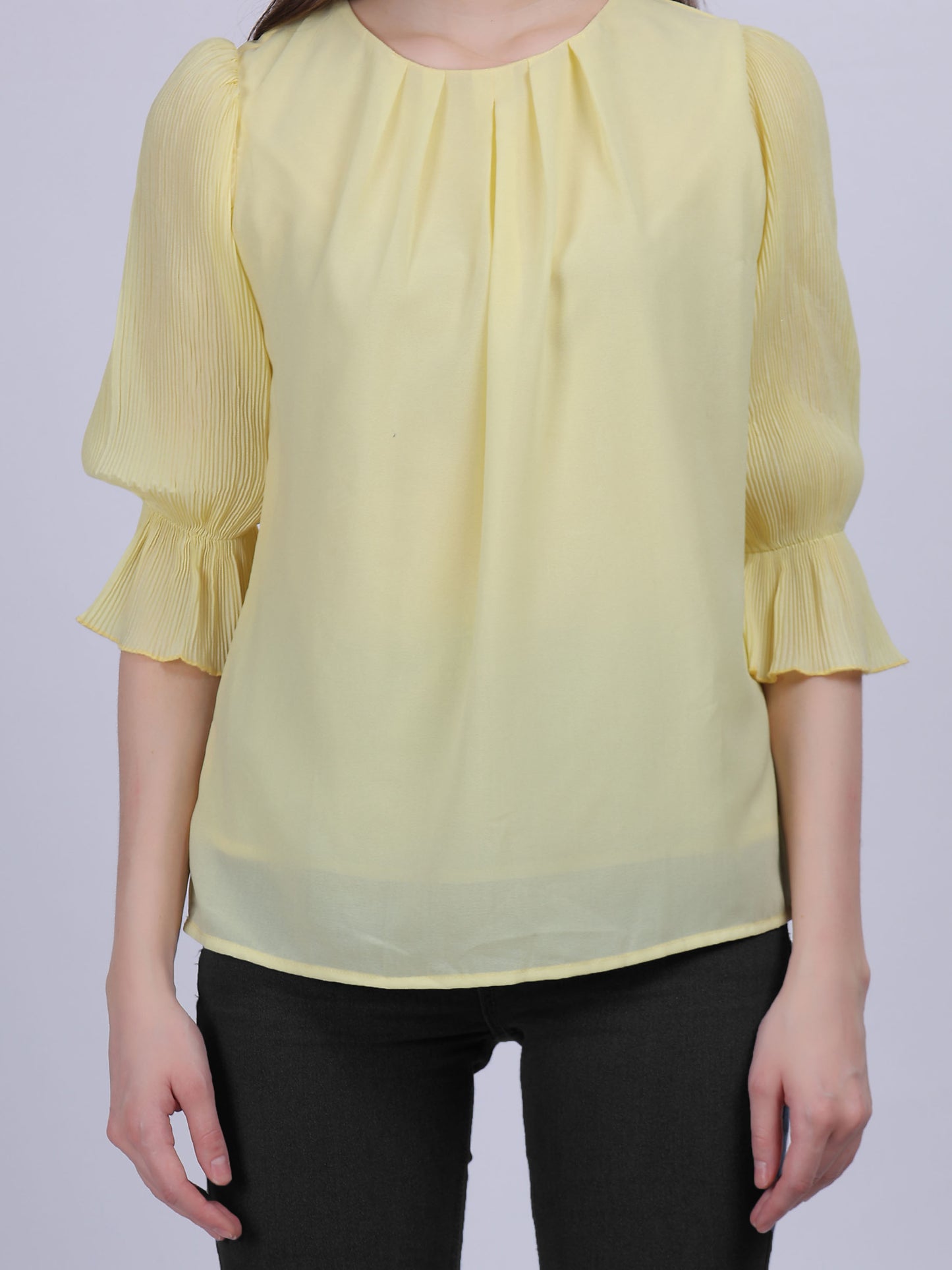Yellow Solid Basic Fashion Top With Pleated Sleeves