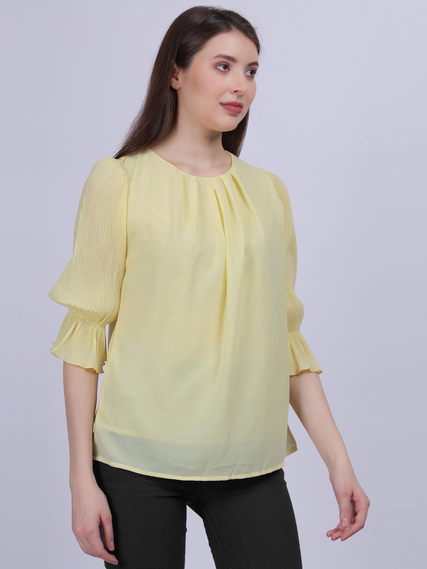 Yellow Solid Basic Fashion Top With Pleated Sleeves