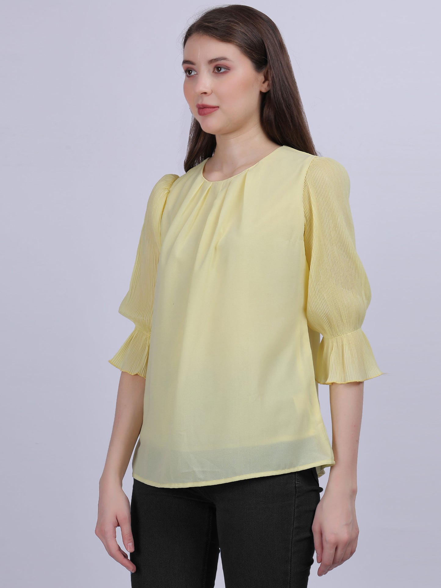 Yellow Solid Basic Fashion Top With Pleated Sleeves