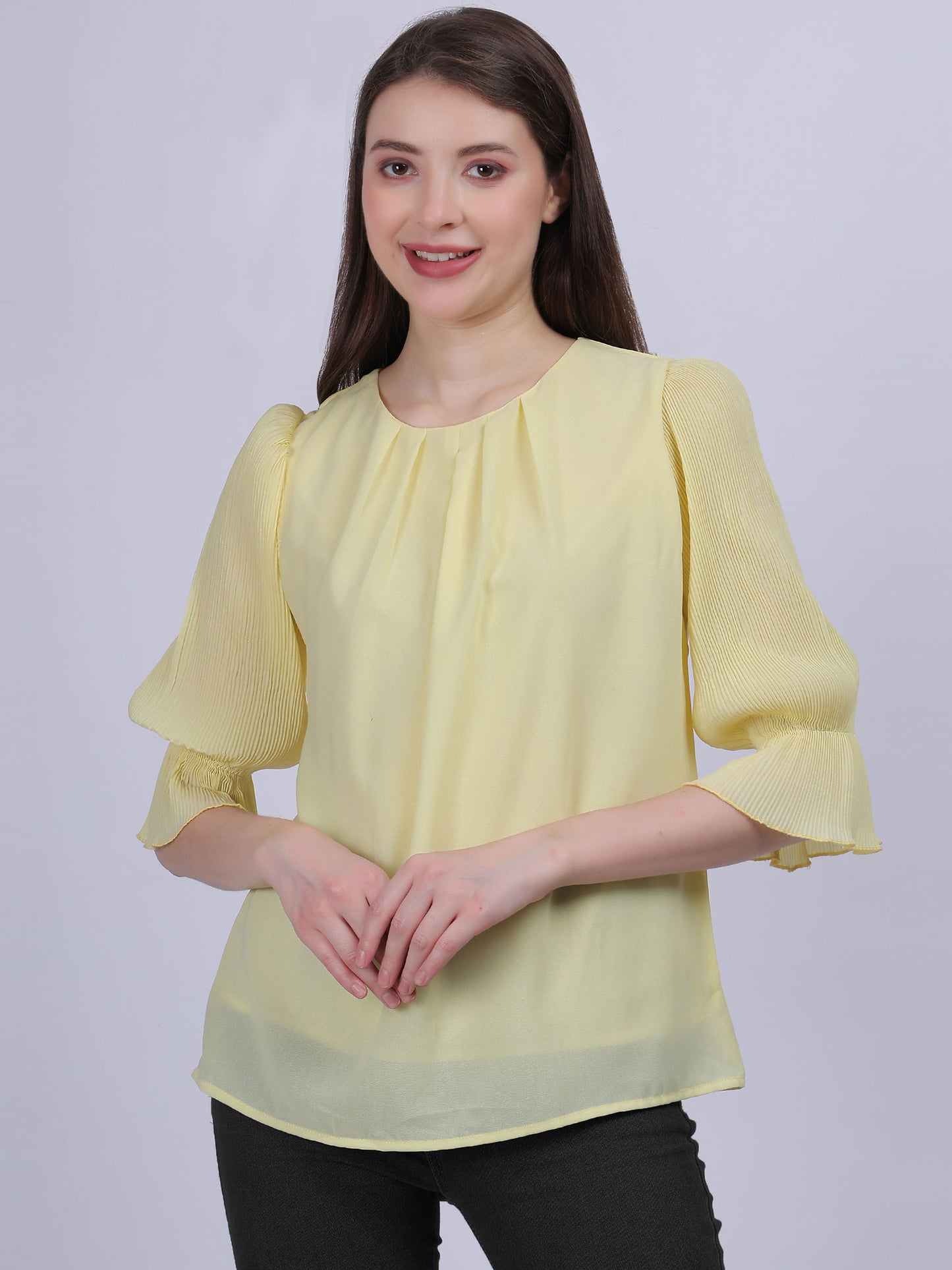 Yellow Solid Basic Fashion Top With Pleated Sleeves