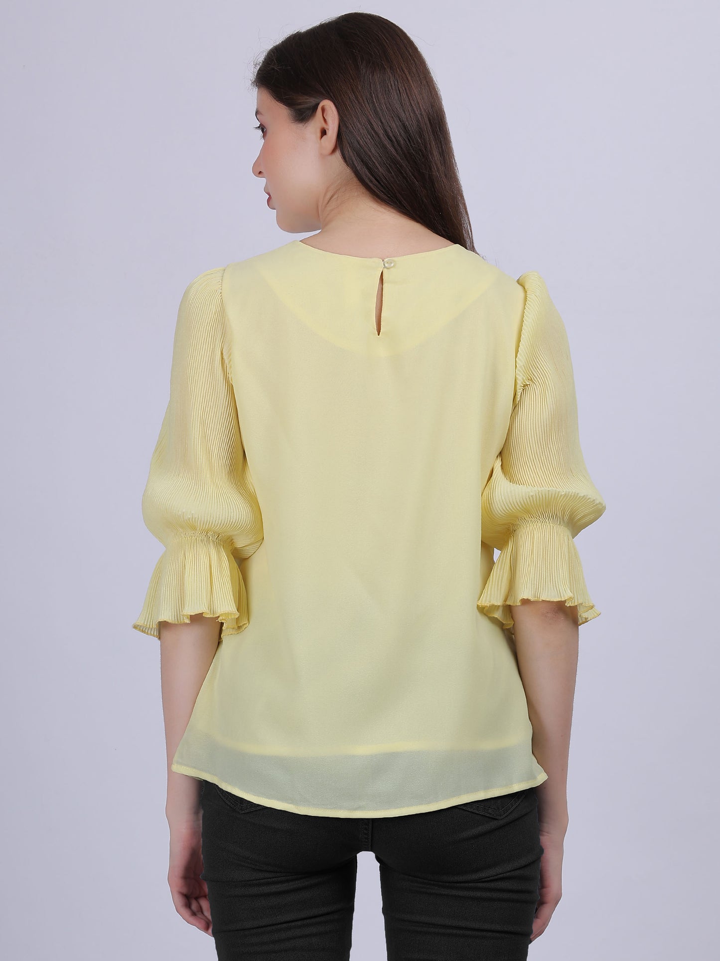 Yellow Solid Basic Fashion Top With Pleated Sleeves