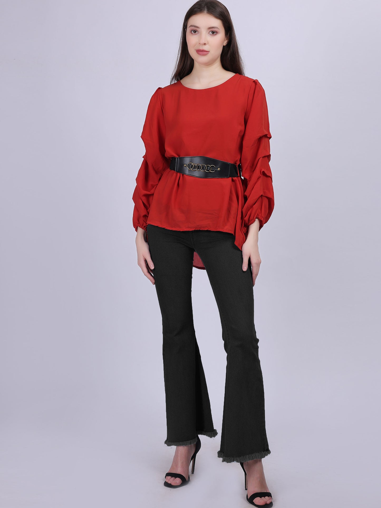 Rust High-low Fashion Tunic Top With Layered Sleeves And Belt
