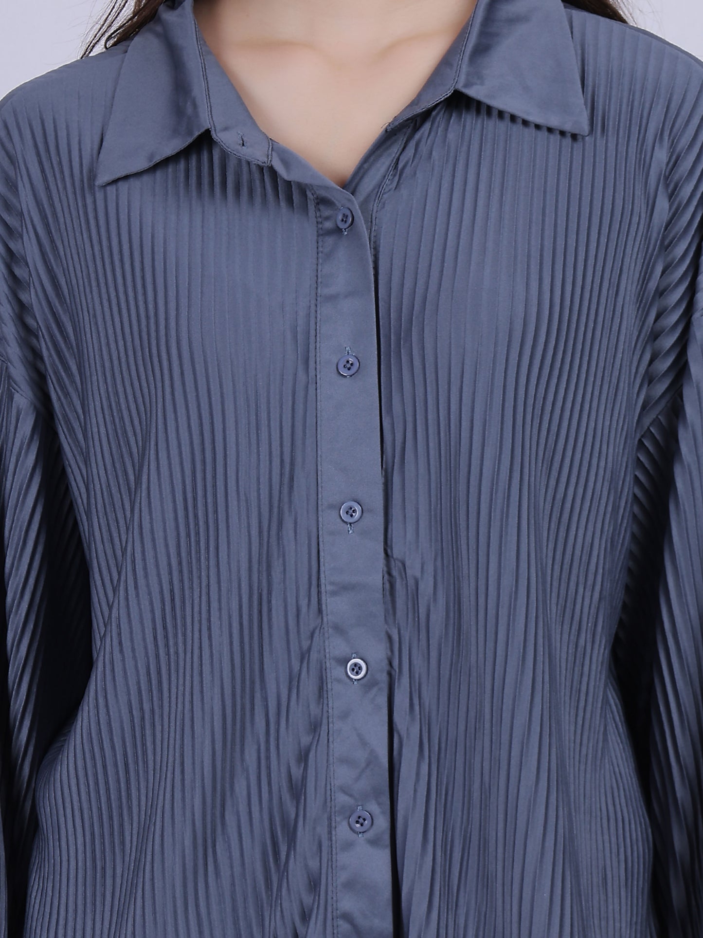 Grey Solid Oversized Pleated Shirt