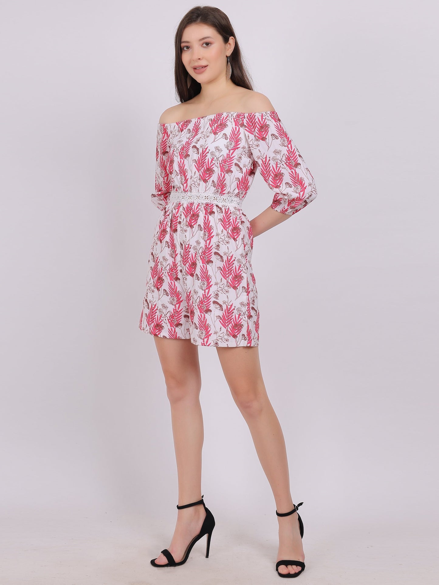 Pink Floral Print Off-Shoulder Fashion Romper