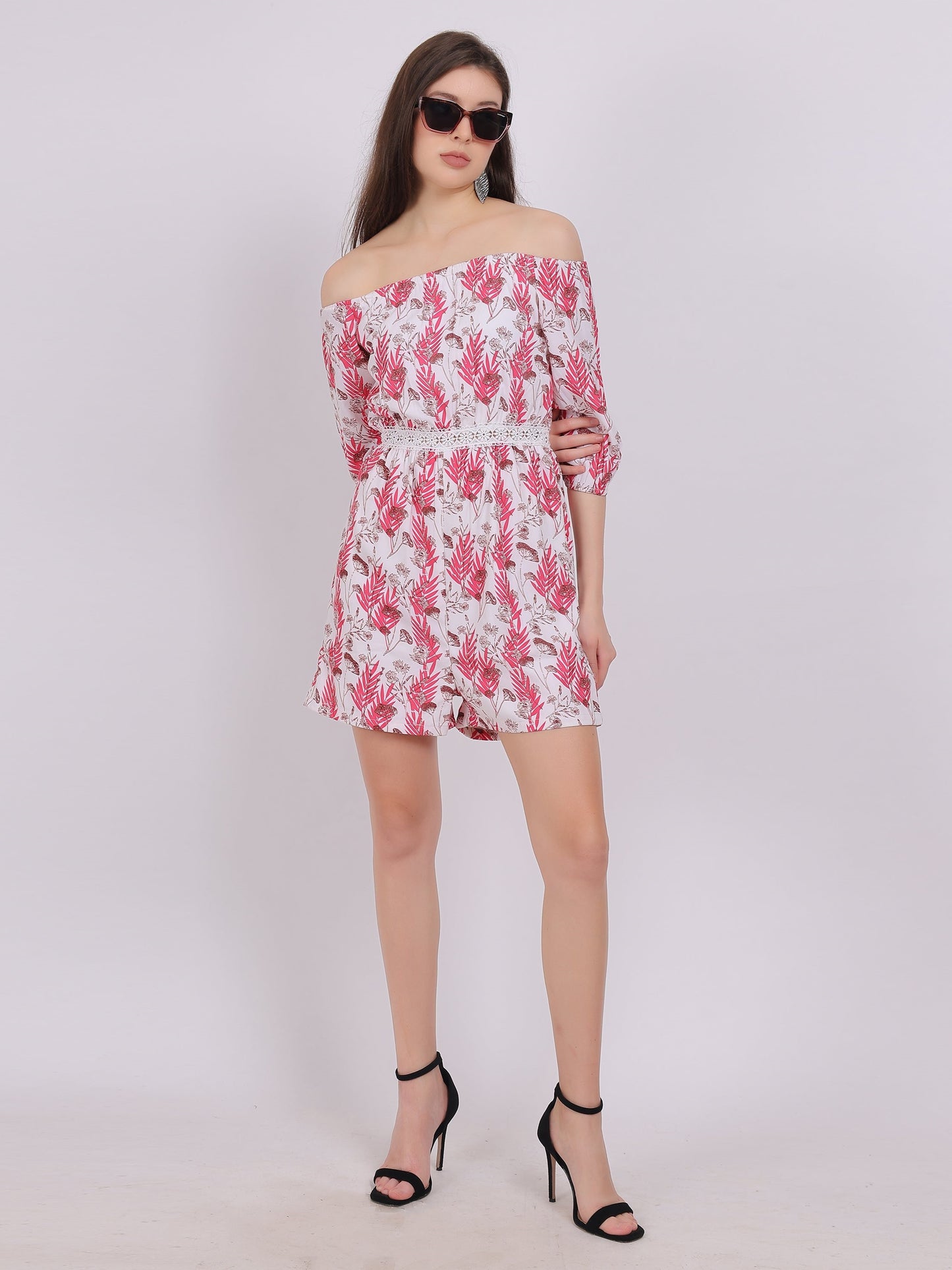 Pink Floral Print Off-Shoulder Fashion Romper