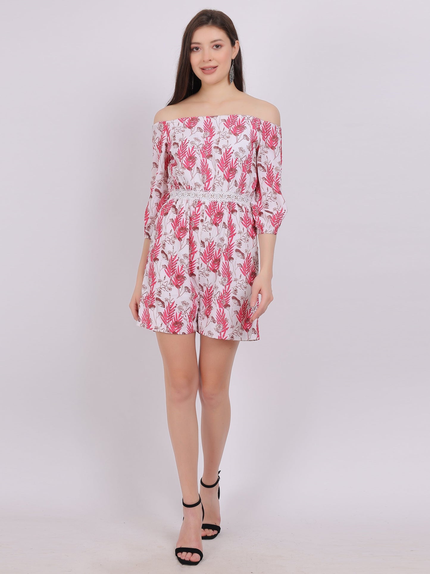 Pink Floral Print Off-Shoulder Fashion Romper