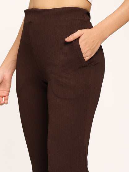 Coffee Textured Flare Fit Fashion Pants