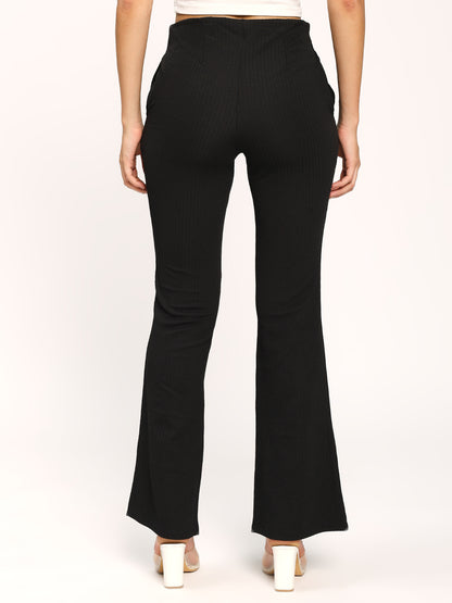 Black Textured Flare Fit Fashion Pants
