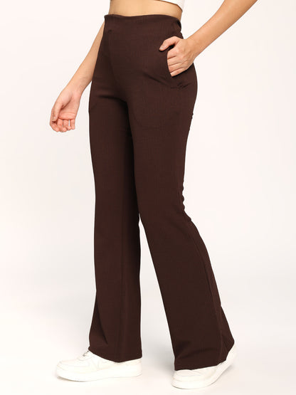 Coffee Textured Flare Fit Fashion Pants