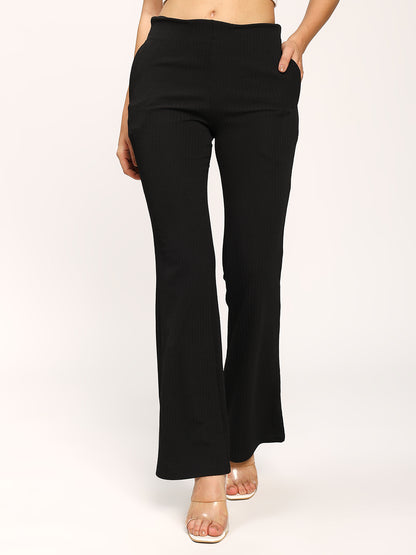 Black Textured Flare Fit Fashion Pants