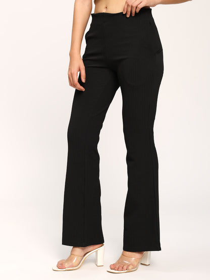 Black Textured Flare Fit Fashion Pants