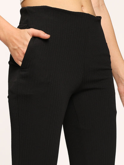 Black Textured Flare Fit Fashion Pants