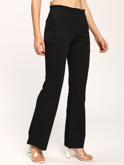 Black Textured Flare Fit Fashion Pants