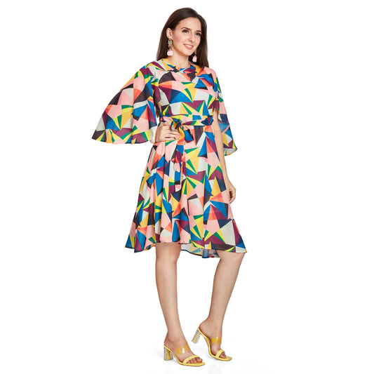 Multi-Coloured Geometric Print Kneelength Dress