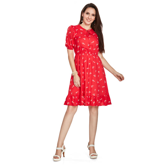 Red Printed Knee Length Dress