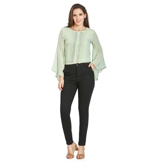 Green Crop Top With Flared Sleeves
