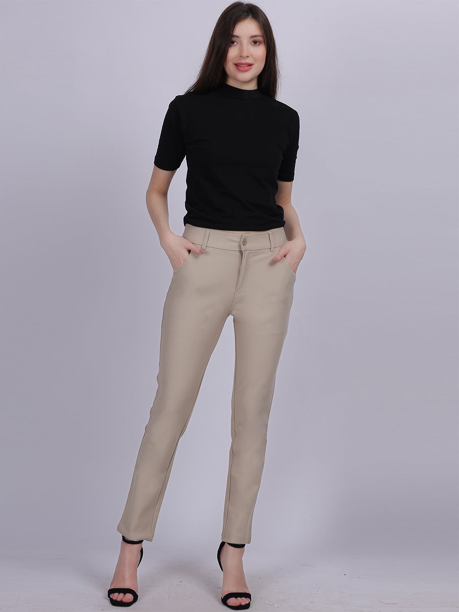 Beige Narrow Fit Formal Stretchable Pants