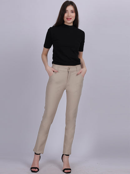 Beige Narrow Fit Formal Stretchable Pants