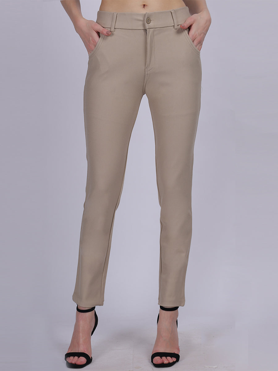 Beige Narrow Fit Formal Stretchable Pants