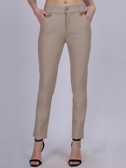 Beige Narrow Fit Formal Stretchable Pants