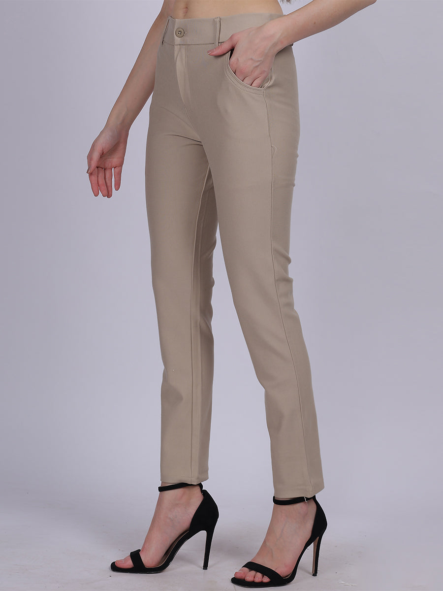 Beige Narrow Fit Formal Stretchable Pants