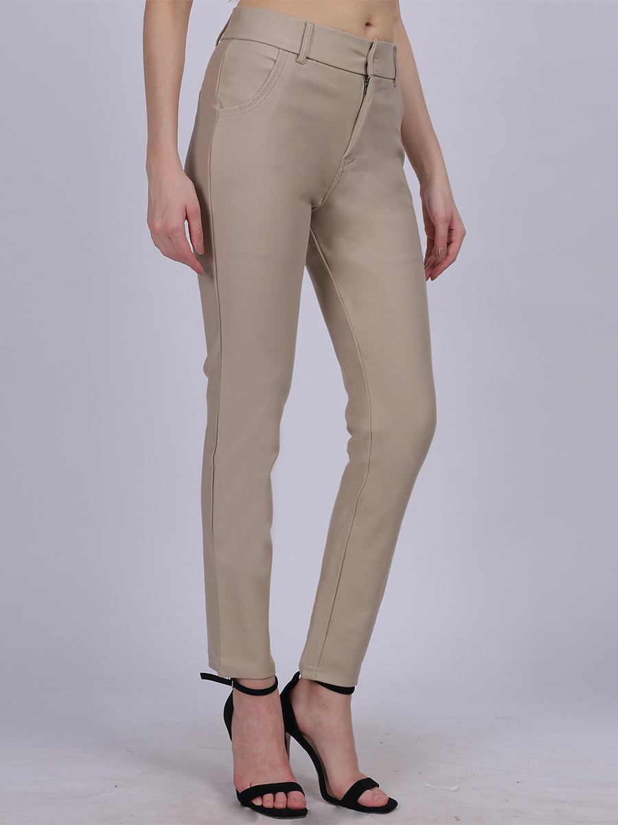 Beige Narrow Fit Formal Stretchable Pants