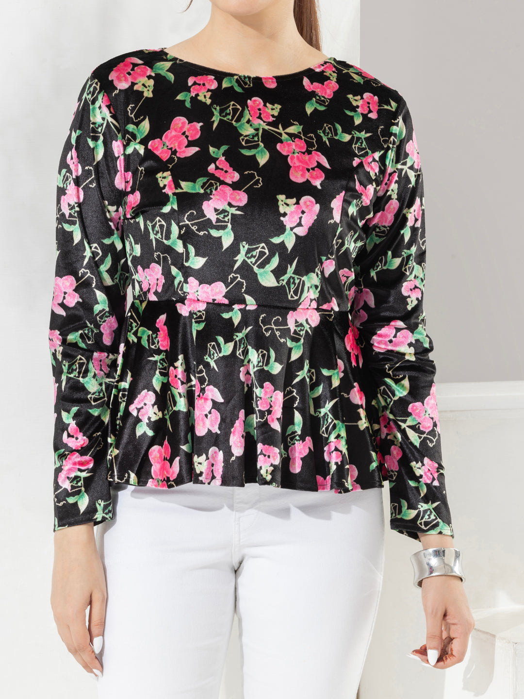 Black Floral Print Velvet Party Top