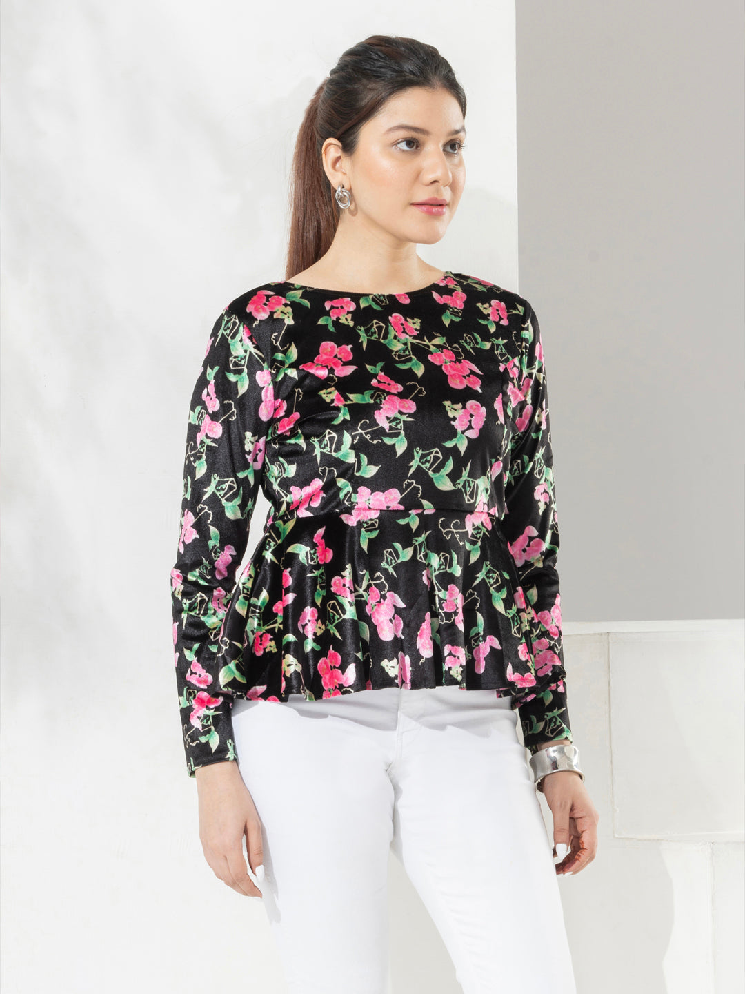 Black Floral Print Velvet Party Top