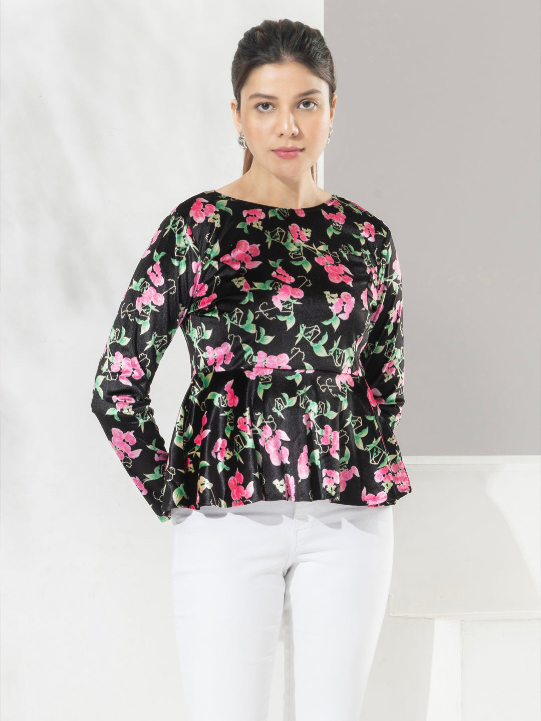 Black Floral Print Velvet Party Top