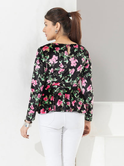 Black Floral Print Velvet Party Top