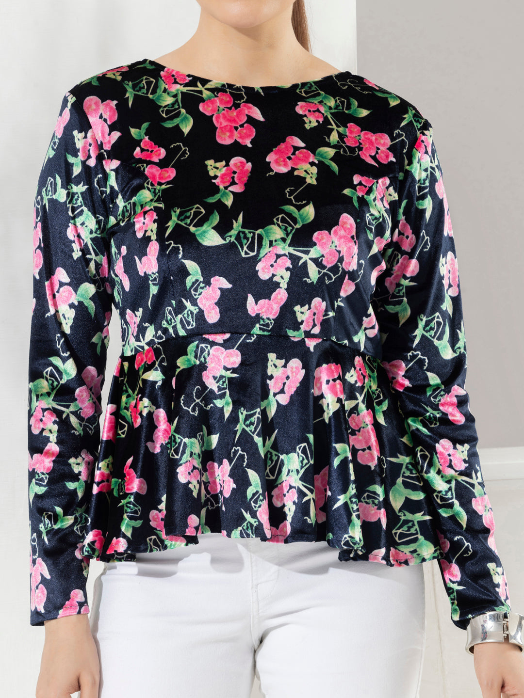 Navy Floral Print Velvet Party Top