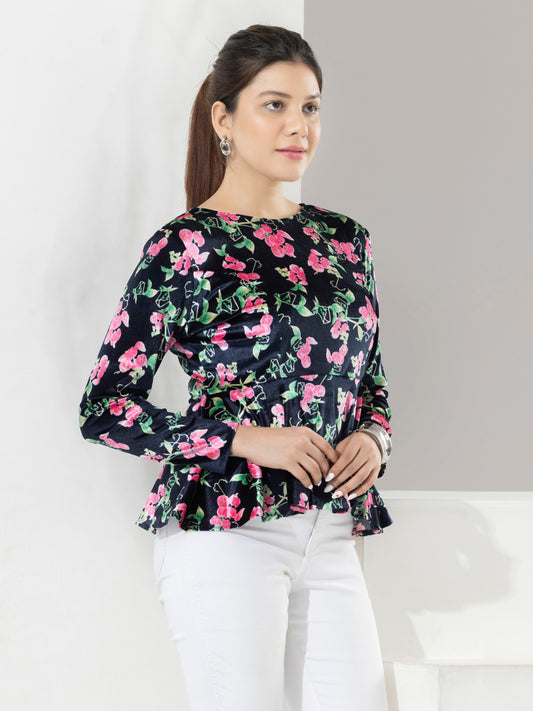 Navy Floral Print Velvet Party Top