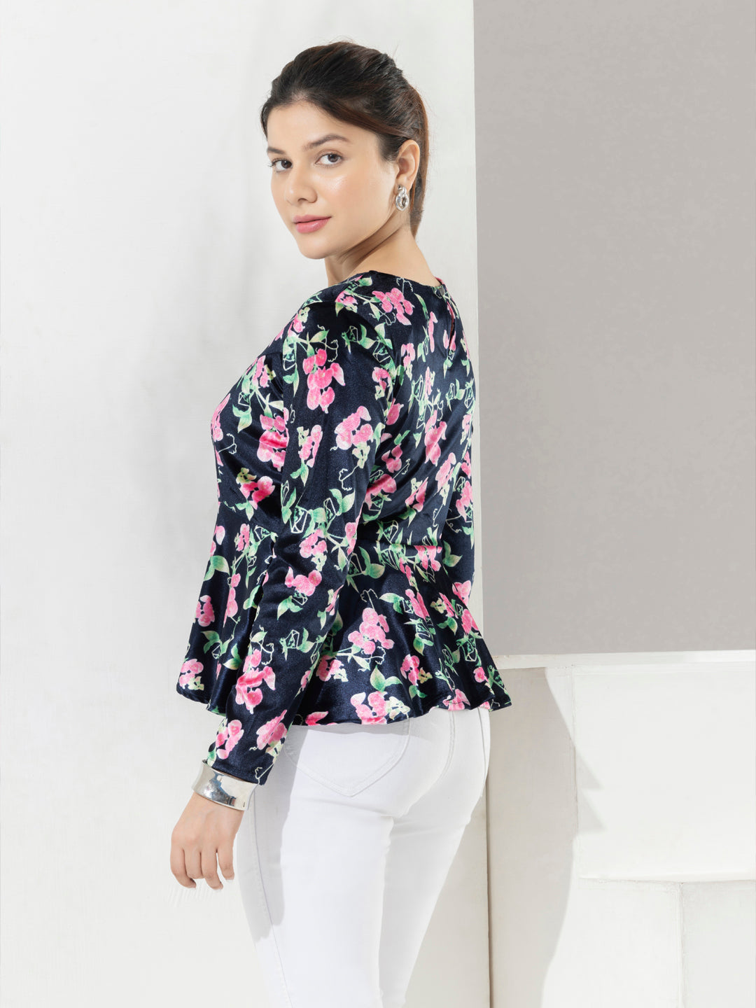 Navy Floral Print Velvet Party Top