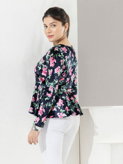 Navy Floral Print Velvet Party Top