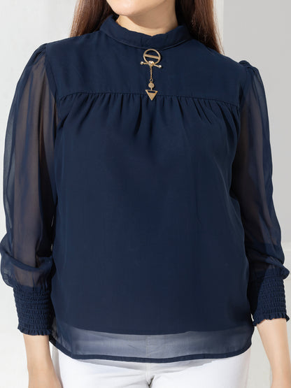 Navy Solid High Neck Fancy Top