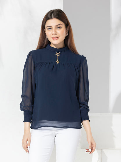 Navy Solid High Neck Fancy Top