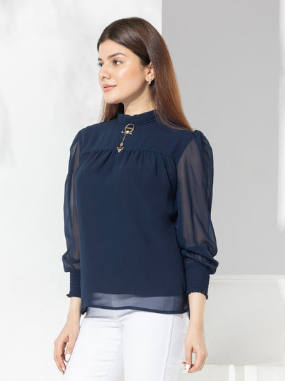 Navy Solid High Neck Fancy Top