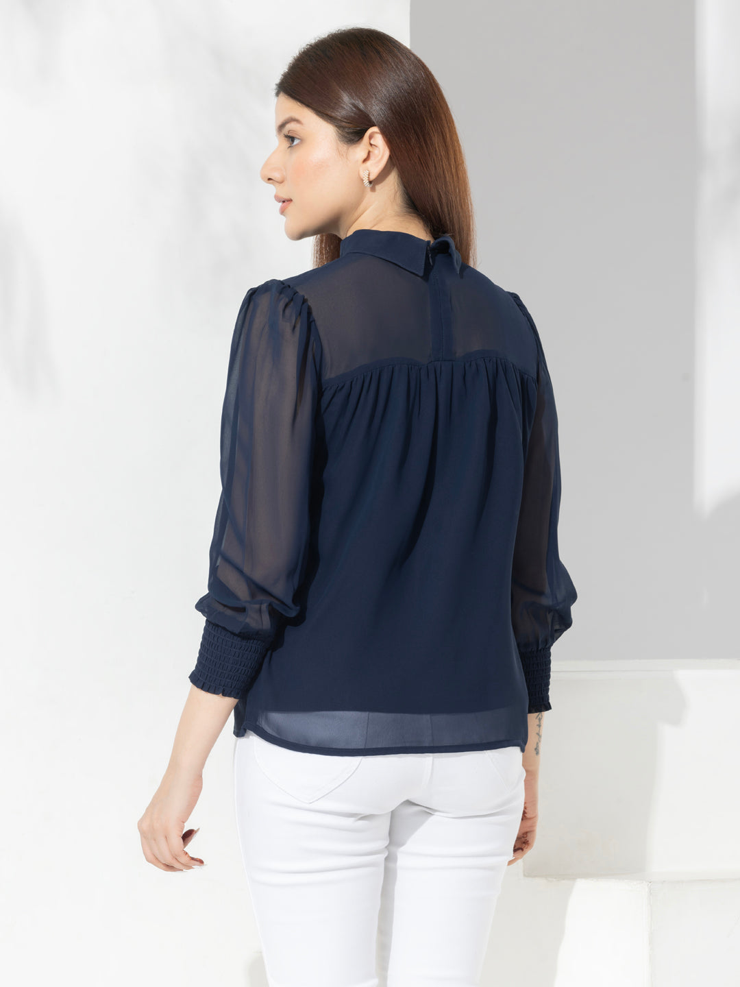 Navy Solid High Neck Fancy Top