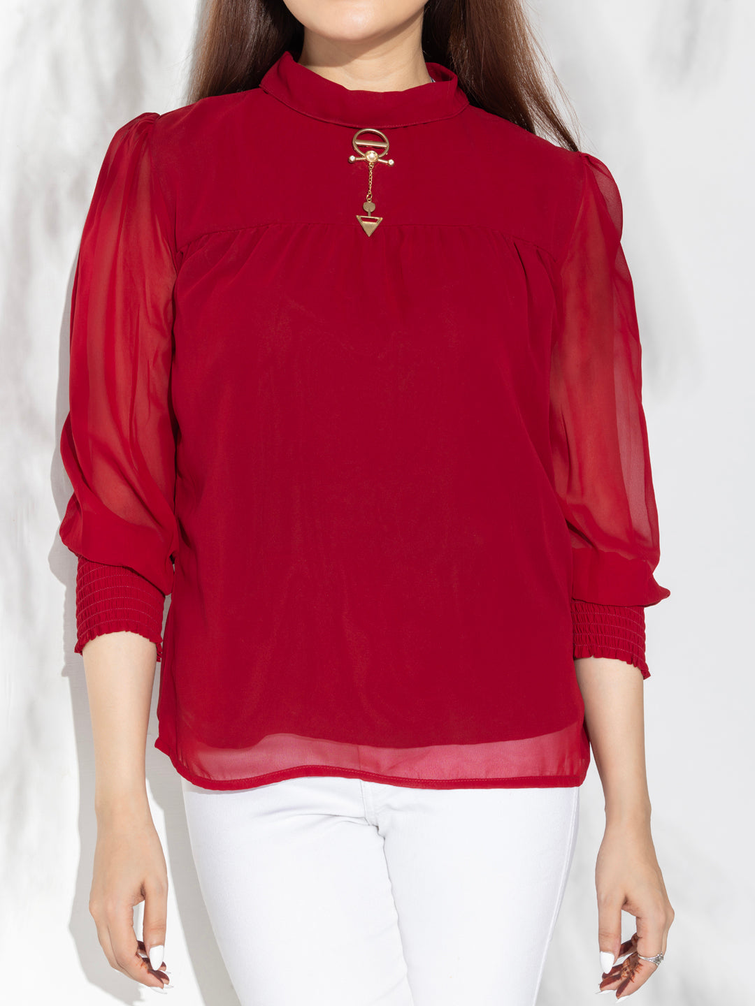 Red Solid High Neck Fancy Top