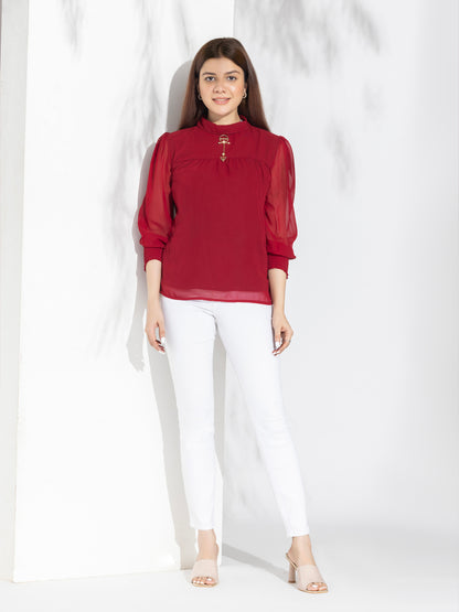 Red Solid High Neck Fancy Top