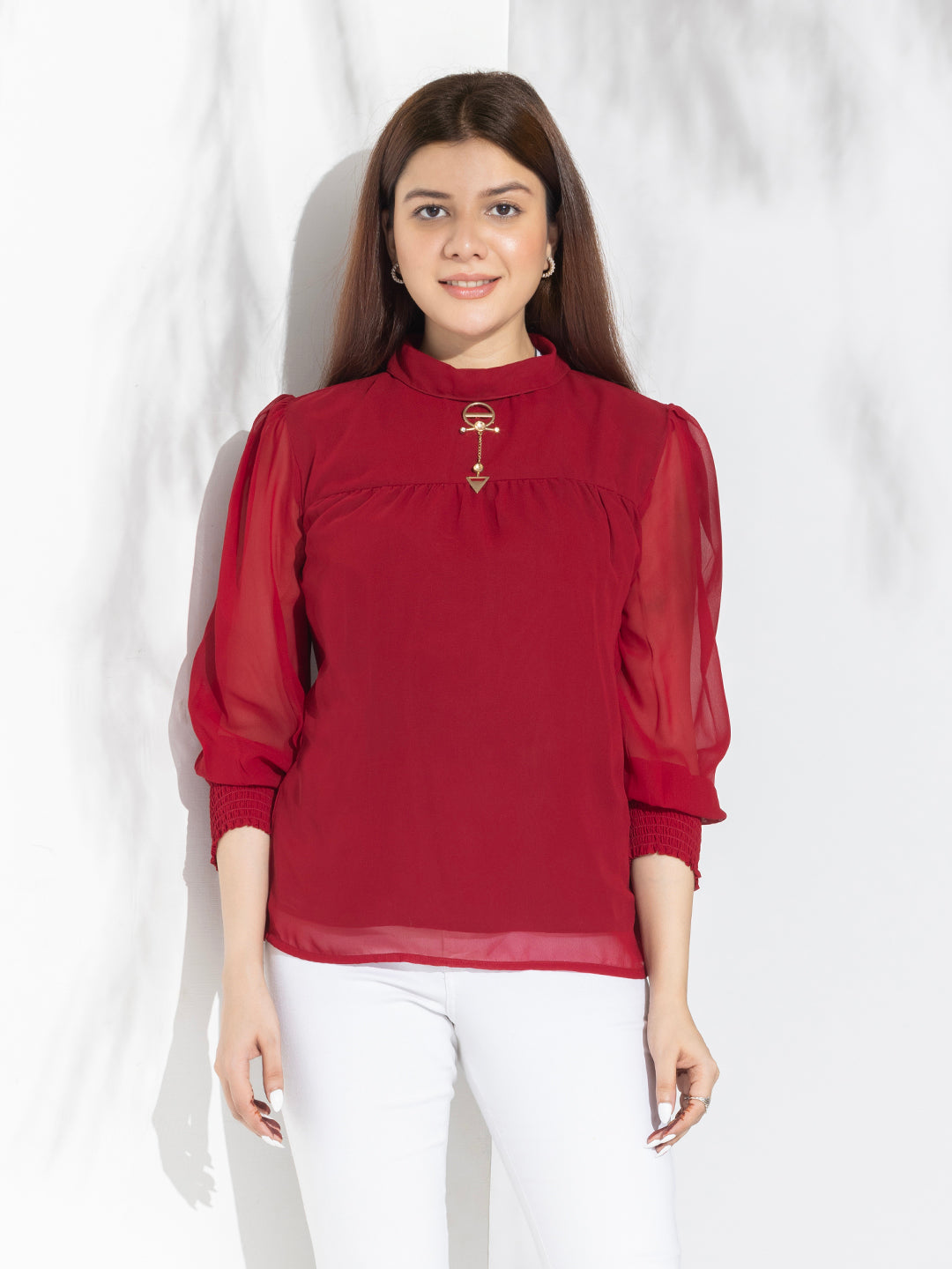 Red Solid High Neck Fancy Top