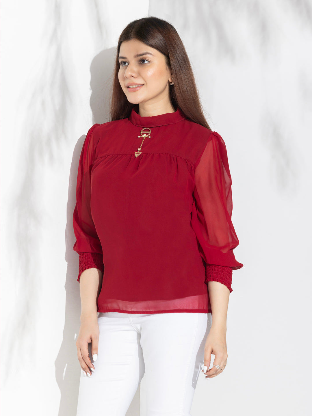 Red Solid High Neck Fancy Top