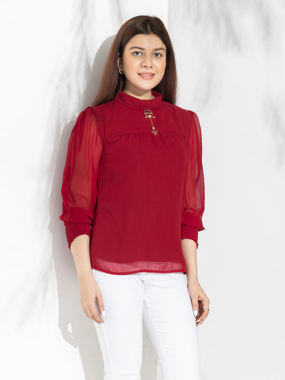 Red Solid High Neck Fancy Top