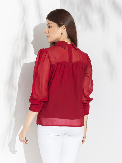 Red Solid High Neck Fancy Top