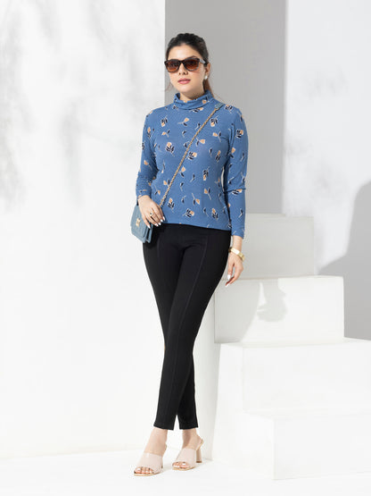 Blue Floral Print Turtle Neck Top