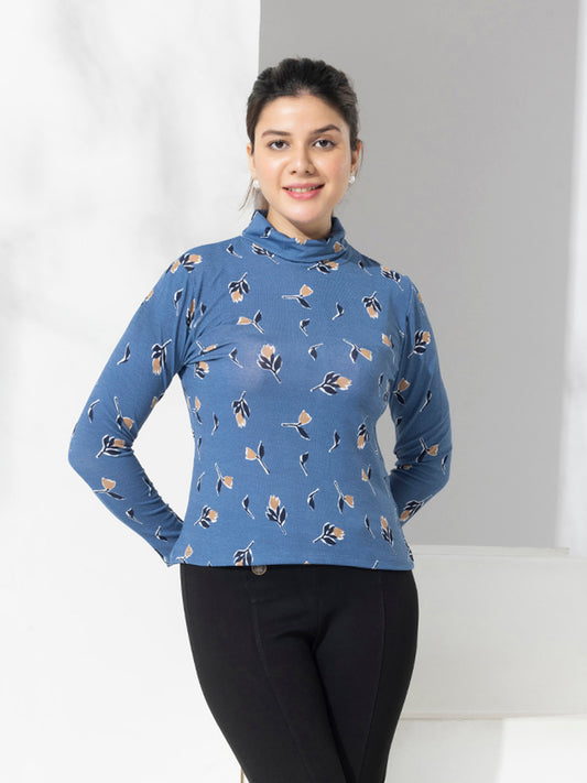 Blue Floral Print Turtle Neck Top